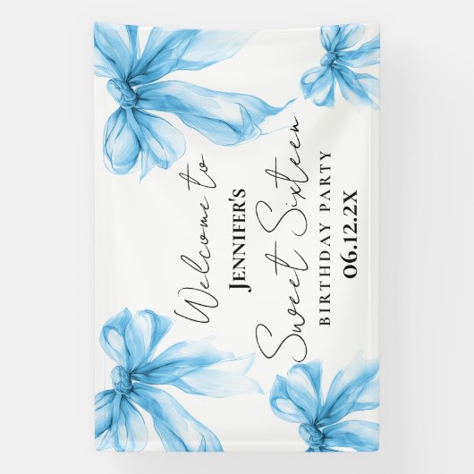 Welcome Blue Bow Coquette Script Sweet 16 Spandoek (Verticaal)