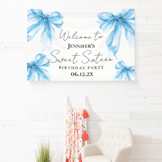 Welcome Blue Bow Coquette Script Sweet 16 Spandoek (Insitu)