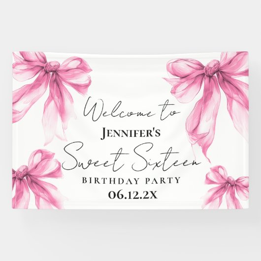 Welcome Blush Pink Bow Coquette Script Sweet 16 Spandoek (Horizontaal)