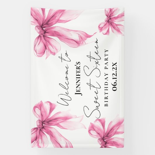 Welcome Blush Pink Bow Coquette Script Sweet 16 Spandoek (Verticaal)