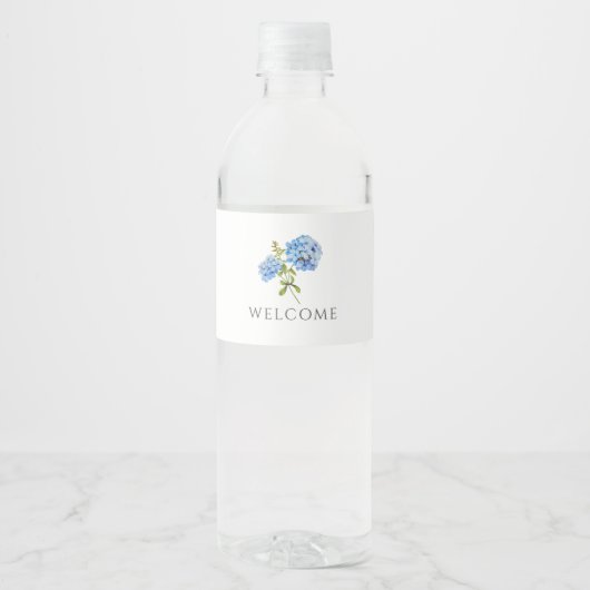 Welcome | Chic Blue Hydrangea Wedding Waterfles Etiket (Voorkant)