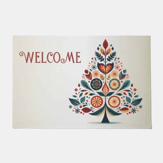 Welcome Christmas Colorful Tree Scandinavia Folk  Deurmat (Voorkant)