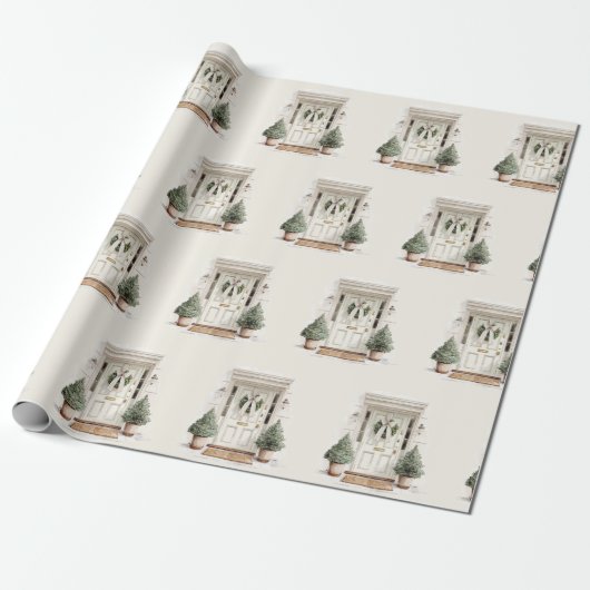Welcome Christmas Door Greenery Wrapping Paper Cadeaupapier (Uitgerold)