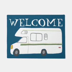 WELCOME Cute Camper Motorhome Art over blauw Deurmat