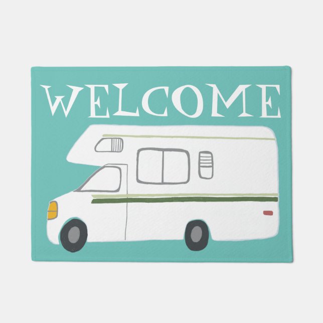 WELCOME Cute Camper  Motorhome Art over blauw Deurmat (Voorkant)