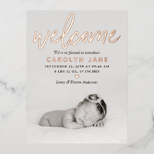 "Welcome" Foto Real Folie Birth Announounding Uitnodiging Briefkaart