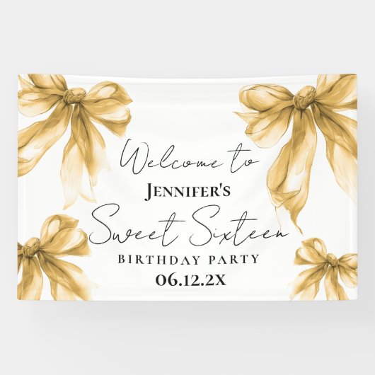 Welcome Gold Bow Coquette Script Sweet 16 Spandoek (Horizontaal)