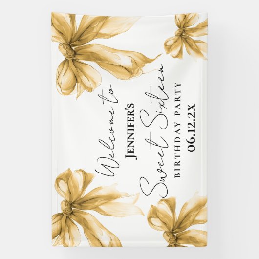 Welcome Gold Bow Coquette Script Sweet 16 Spandoek (Verticaal)
