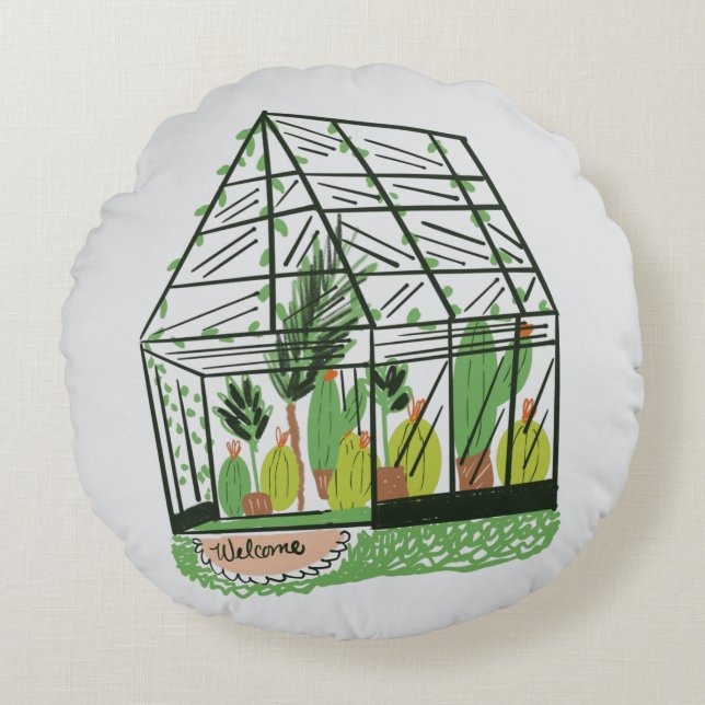 Welcome Green House Botanical Cactus Plants Art Rond Kussen (Voorkant)