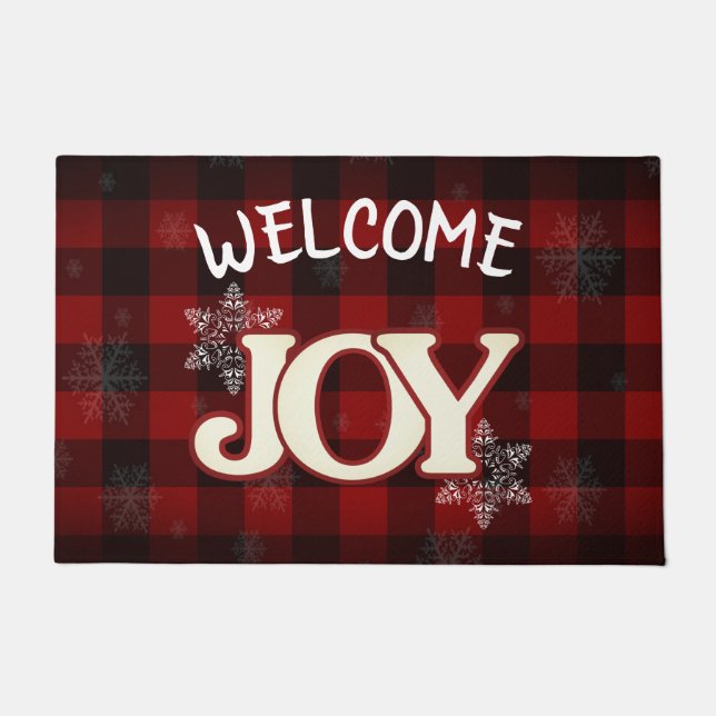 WELCOME JOY Elegant Red buffalo plaid Kerstmis Deurmat (Voorkant)