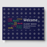 WELCOME Love Joy Peace Hebrew Personated Blue Gastenboek<br><div class="desc">Houd de herinneringen aan uw speciale bijeenkomsten levend door de gedachten van uw gasten te verzamelen in dit subtiel, donkerblauw en grijs Guest Book. De plaatsaanduidingstekst is aanpasbaar, zodat u de beschrijving kunt wijzigen, bijvoorbeeld in uw familienaam, enz. De woorden LOVE JOY PEACE zijn ook geschreven in het Hebreeuws (en...</div>