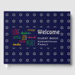 WELCOME Love Joy Peace Hebrew Personated Blue Gastenboek<br><div class="desc">Houd de herinneringen aan uw speciale bijeenkomsten levend door de gedachten van uw gasten te verzamelen in dit subtiel, donkerblauw en grijs Guest Book. De plaatsaanduidingstekst is aanpasbaar, zodat u de beschrijving kunt wijzigen, bijvoorbeeld in uw familienaam, enz. De woorden LOVE JOY PEACE zijn ook geschreven in het Hebreeuws (en...</div>