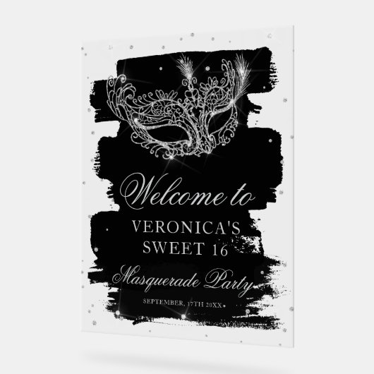 Welcome Masquerade black silver glitter Sweet 16 Acryl Bord (Hoek)