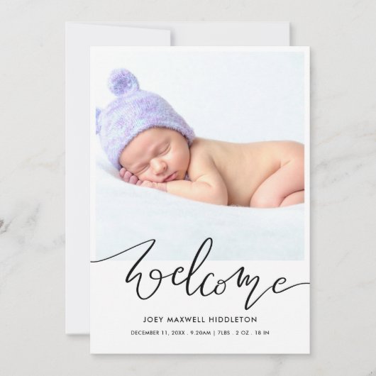 Welcome Modern Script Birth Announcement Aankondiging (Voorkant)