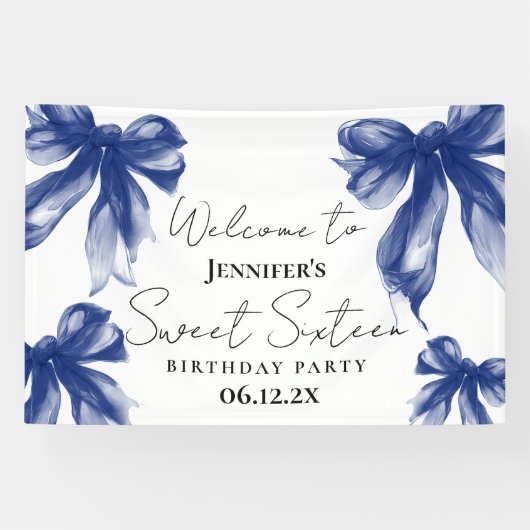 Welcome Navy Blue Bow Coquette Script Sweet 16 Spandoek (Horizontaal)