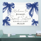 Welcome Navy Blue Bow Coquette Script Sweet 16 Spandoek (Beurs)