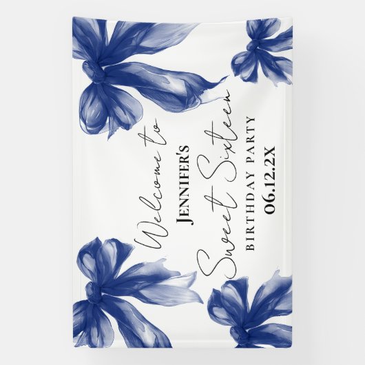 Welcome Navy Blue Bow Coquette Script Sweet 16 Spandoek (Verticaal)