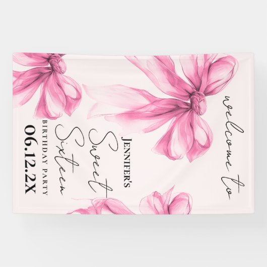 Welcome Pink Bow Coquette Script Sweet 16 Blush  Spandoek (Horizontaal)