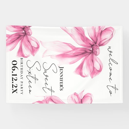 Welcome Pink Bow Coquette Script Sweet 16 Party Spandoek (Horizontaal)