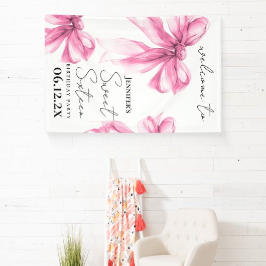 Welcome Pink Bow Coquette Script Sweet 16 Party Spandoek (Insitu)