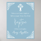 Welcome Poster Floral Cross Christening Sky Blue (Voorkant)