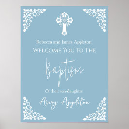 Welcome Poster Floral Cross Christening Sky Blue