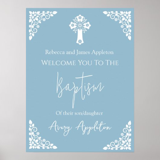 Welcome Poster Floral Cross Christening Sky Blue (Voorkant)