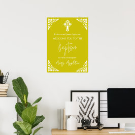 Welcome Poster Floral Cross Christening Yellow