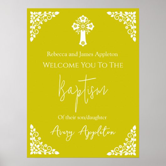 Welcome Poster Floral Cross Christening Yellow (Voorkant)