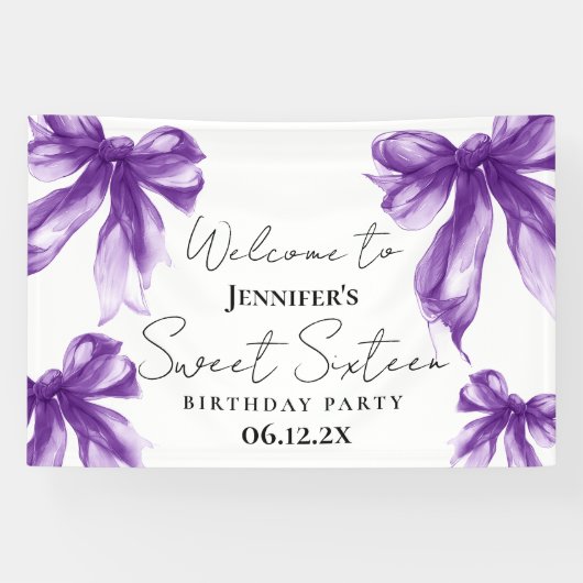 Welcome Purple Bow Coquette Script Sweet 16 Spandoek (Horizontaal)