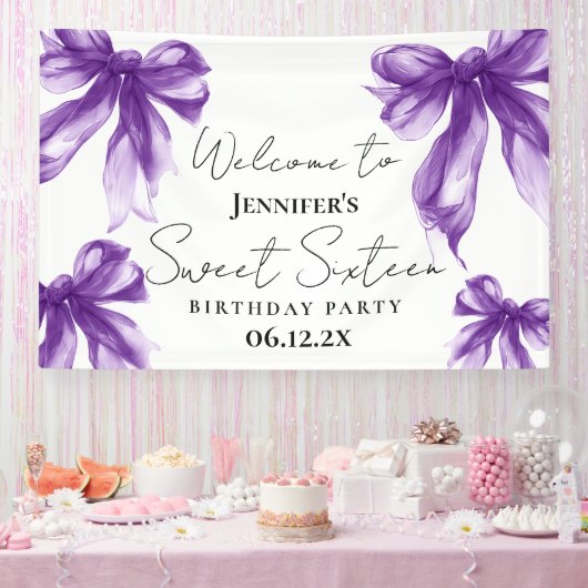 Welcome Purple Bow Coquette Script Sweet 16  Spandoek (Feest)
