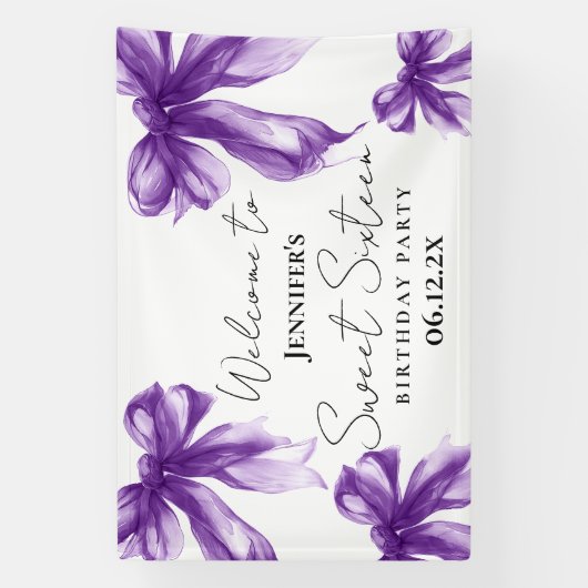 Welcome Purple Bow Coquette Script Sweet 16 Spandoek (Verticaal)