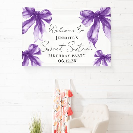 Welcome Purple Bow Coquette Script Sweet 16 Spandoek (Insitu)