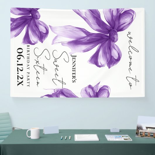 Welcome Purple Bow Coquette Script Sweet 16 Spandoek (Beurs)