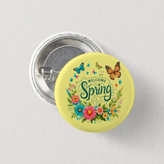 Welcome spring floral ronde button 3,2 cm (Voorkant /achterkant)