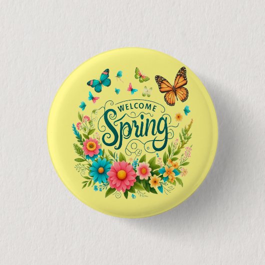 Welcome spring floral  ronde button 3,2 cm (Voorkant)