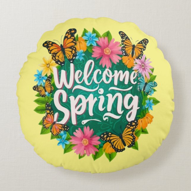 Welcome spring Monarch Butterfly Flowers Rond Kussen (Voorkant)
