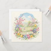 Welcome Spring Watercolor Flowers and Hummingbirds Kaart (Voorkant / Achterkant in situ)