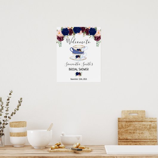 Welcome Tea bruidsfeest bord met bloemen in navy m Poster (Keuken)