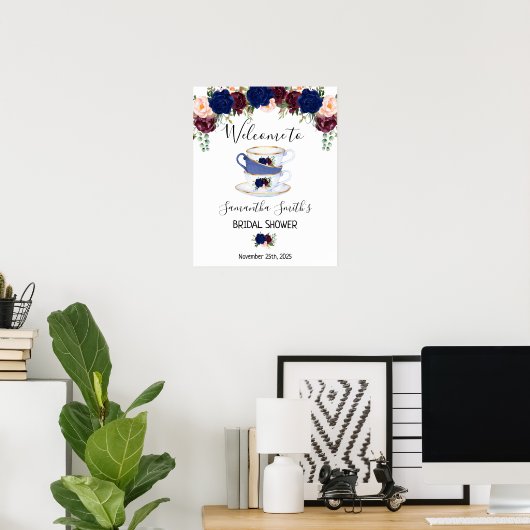 Welcome Tea bruidsfeest bord met navy marsala bloe Poster (Thuiskantoor)