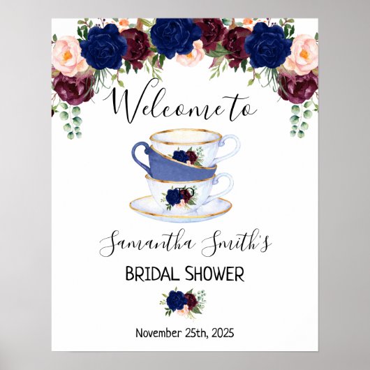 Welcome Thee bruiloftsshower navy marsala bloemen  Poster (Voorkant)