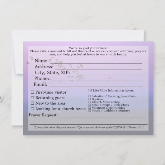 Welcome To Our Church Visitors Purple Sunset Kaart (Achterkant)