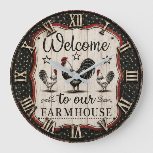 Welcome to Our Farmhouse Rustic Rooster & Hen Grote Klok (Voorkant)