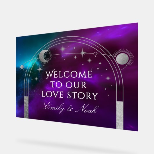 Welcome To Our Love Story Purple Teal Celestial Acryl Bord (Hoek)