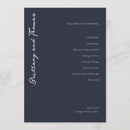WELCOME TO OUR WEDDING Elegant Navy Blue Serif Programmakaart (Voorkant)