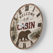 Welcome to the Cabin Rustic Bear Buffalo Plaid Grote Klok (Hoek)