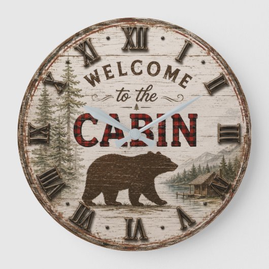 Welcome to the Cabin Rustic Bear Buffalo Plaid Grote Klok (Voorkant)