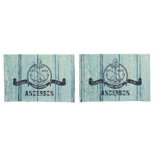 Welcome to the Lake House Blue Wood Kussensloop (Voorkant-Set)