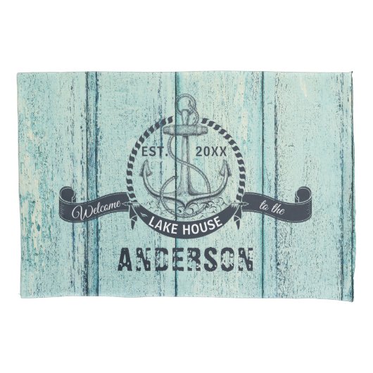 Welcome to the Lake House Blue Wood Kussensloop (Voorkant-Links)