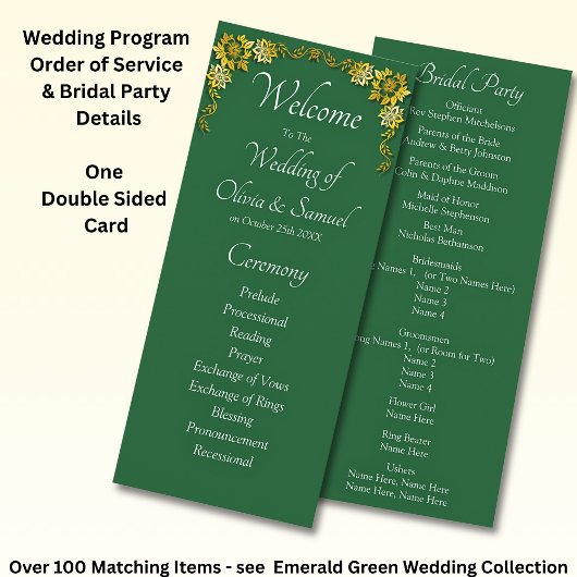 Welcome to Wedding Ceremony, Emerald Green & Gold Programmakaart